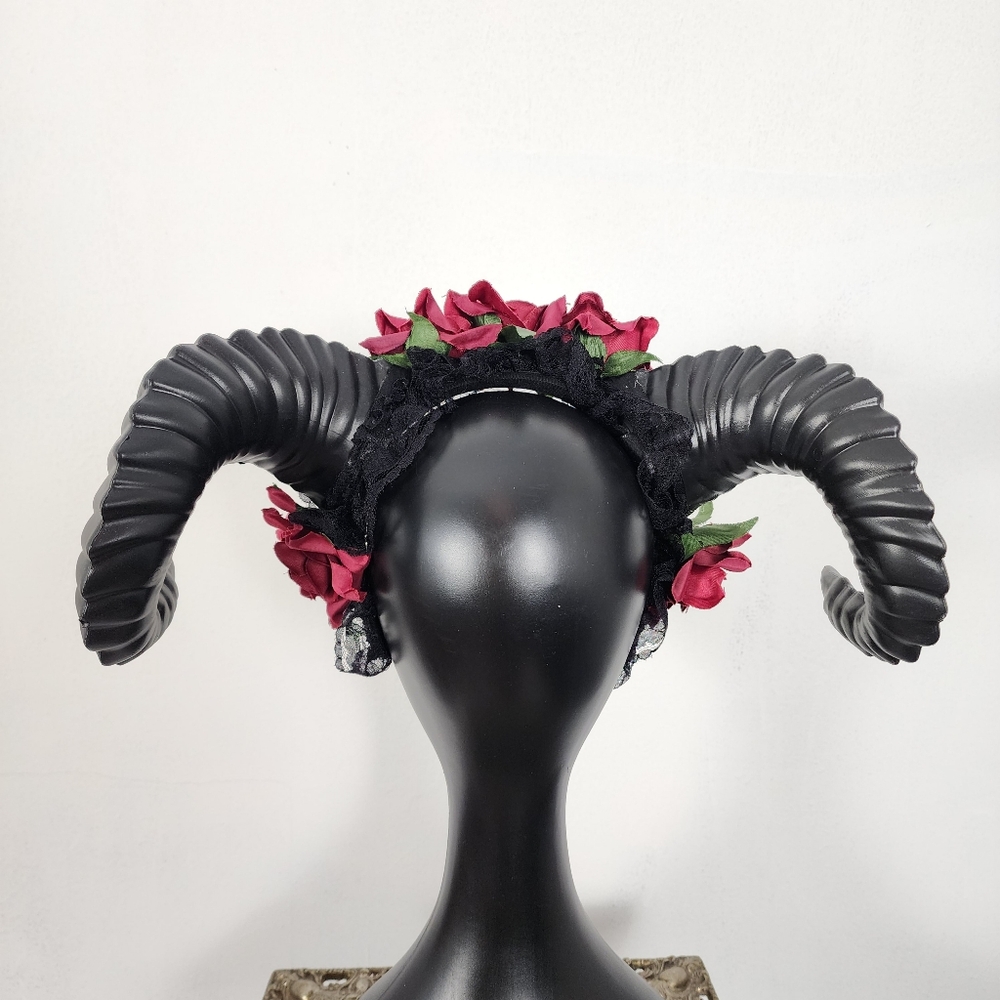 Krampus Devil Demon Horn Headband Red Rose Flowers Costume Head Piece Head Dress - Picture 7 of 9